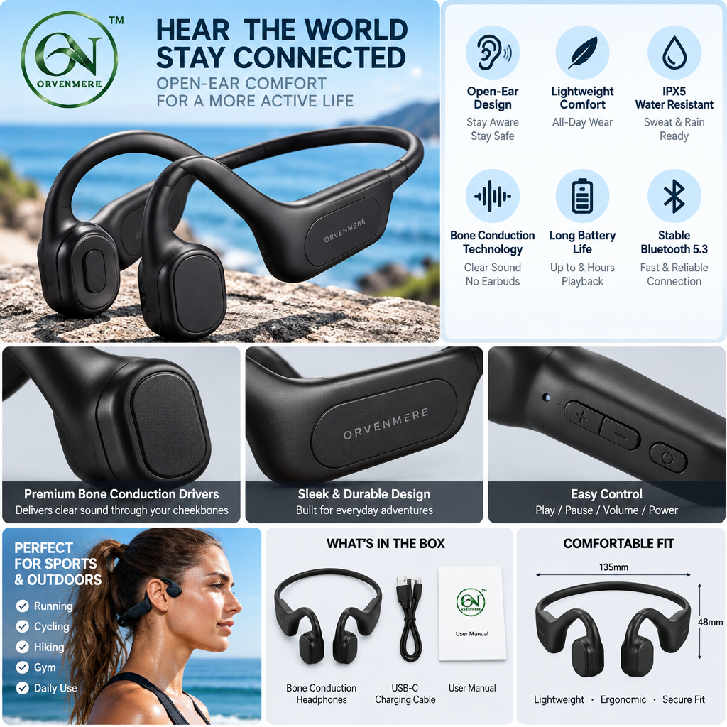 orvenmere™ AirFlex Black Open-Ear Earbuds