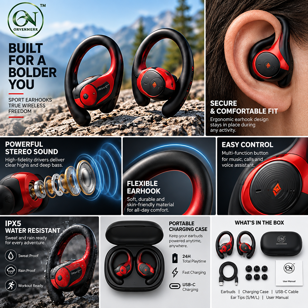 orvenmere™ SprintLoop Red Sport Earbuds